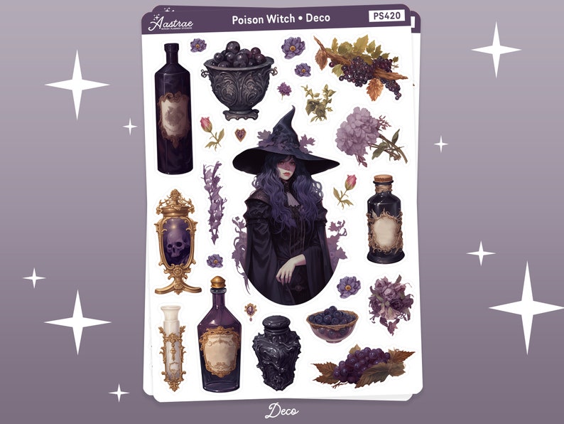 K&ouml;nnte beinhalten: Eine Bogen Sticker mit einer Hexe mit lila Haaren und einem schwarzen Kleid, Tr&auml;nken, Sch&auml;deln und Beeren. Die Sticker sind Teil einer Kollektion namens "Poison Witch - Deco" und haben die Nummer PS420.