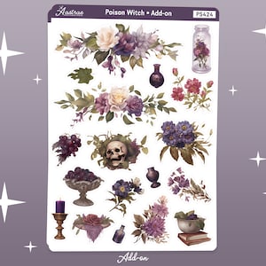 K&ouml;nnte beinhalten: Eine Bogen mit Aufklebern mit verschiedenen floralen und Sch&auml;delmotiven in Violett-, Rosa- und Gr&uuml;nt&ouml;nen. Die Aufkleber sind mit "Poison Witch + Add-on" und "PS424" beschriftet.