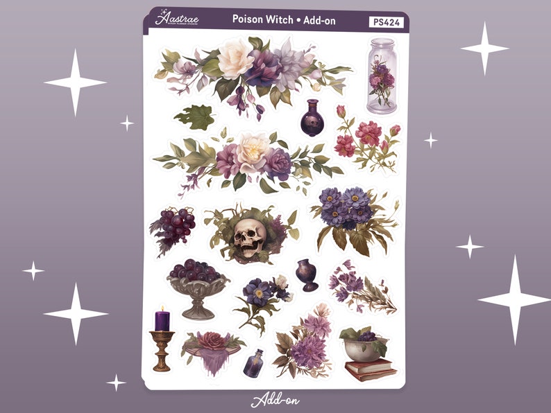 K&ouml;nnte beinhalten: Eine Bogen mit Aufklebern mit verschiedenen floralen und Sch&auml;delmotiven in Violett-, Rosa- und Gr&uuml;nt&ouml;nen. Die Aufkleber sind mit "Poison Witch + Add-on" und "PS424" beschriftet.
