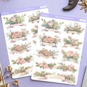 Pegatinas de pancarta floral primaveral, decoración vintage para planificador floral, álbum de recortes de estilo cottagecore, pegatinas botánicas para diario, elegantes detalles de papelería