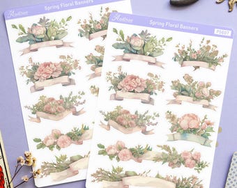 Spring Floral Banner Stickers, Vintage Flower Planner Deco, Cottagecore Scrapbook, Botanical Journaling Stickers, Elegant Stationery Accents