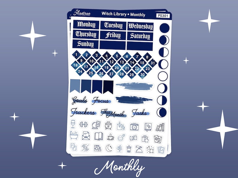 Celestial Witch Library Journaling Kit, Witch Journal Planner Stickers, Monthly Journaling Stickers, Witchy Bullet Journal Stickers for Bujo Monthly
