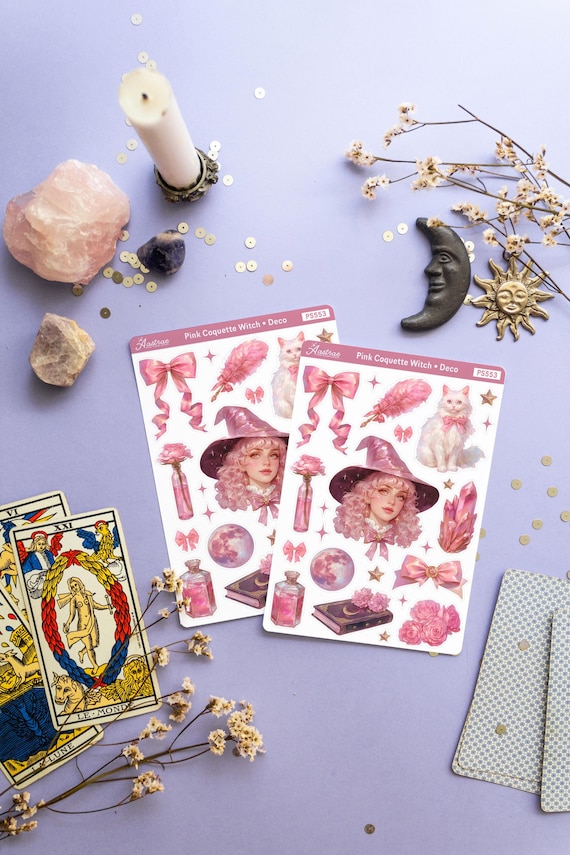 Pink Coquette Witch Sticker Sheet, Coquette Aesthetic Deco Stickers, Soft Girl Era Bullet Journal Stickers Bujo, Scrapbooking Scrapbook