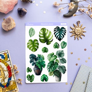 Puede incluir: Una hoja de pegatinas de plantas Monstera con varias formas de hojas y plantas en macetas. Las pegatinas son en tonos verdes y est&aacute;n sobre un fondo lila claro. La hoja tiene el texto "Monstera plants" y el c&oacute;digo "FS254".