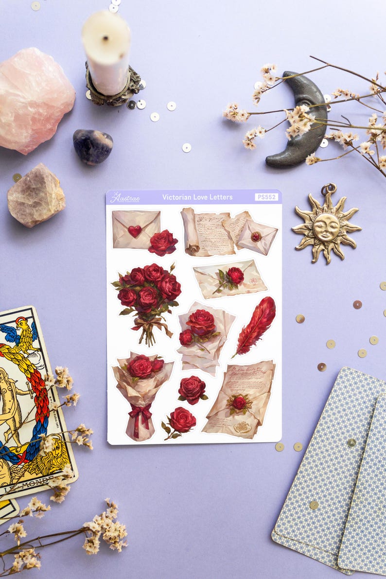 May include: A sheet of stickers featuring Victorian-style love letters, envelopes, and bouquets of red roses. The stickers are on a white background and have a vintage aesthetic. The text "Victorian Love Letters" is printed at the top of the sheet.