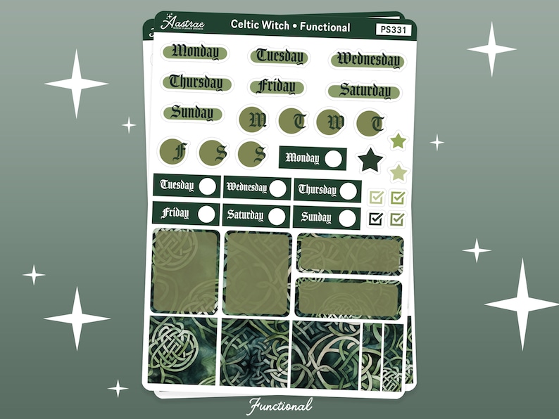 Pode incluir: Um conjunto de adesivos de planejador tem&aacute;tico de bruxa celta, em verde e branco, com um design funcional. Os adesivos incluem os dias da semana, caixas de sele&ccedil;&atilde;o e elementos decorativos.