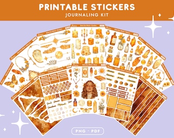 Kit de pegatinas imprimibles de bruja solar bohemia, paquete de diario digital estilo cottagecore con girasoles, pegatinas de agenda de bruja solar en formato PNG y PDF.