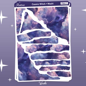 May include: A sheet of washi tape featuring a cosmic witch design. The tape depicts a purple and pink galaxy with white clouds and stars. The tape is cut into various shapes and sizes, ideal for decorating planners, journals, and other craft projects.