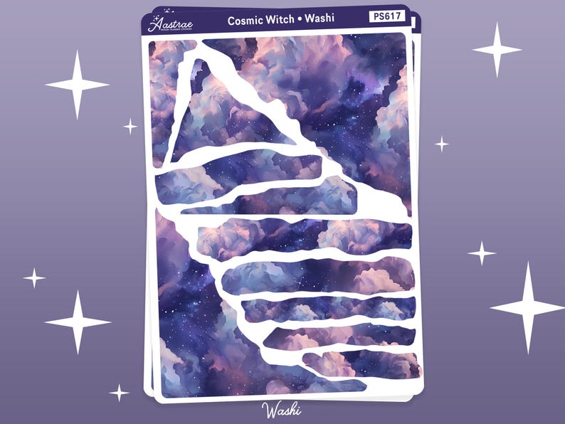May include: A sheet of washi tape featuring a cosmic witch design. The tape depicts a purple and pink galaxy with white clouds and stars. The tape is cut into various shapes and sizes, ideal for decorating planners, journals, and other craft projects.