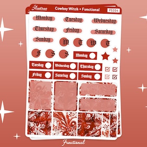 Pode incluir: Um conjunto de adesivos de planejador vermelhos e brancos com um tema de bruxa caub&oacute;i. Os adesivos incluem dias da semana, caixas e uma estrela. O texto "Cowboy Witch Functional" e "PS354" est&aacute; impresso na folha.
