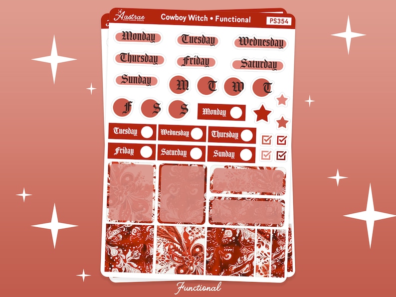 Pode incluir: Um conjunto de adesivos de planejador vermelhos e brancos com um tema de bruxa caub&oacute;i. Os adesivos incluem dias da semana, caixas e uma estrela. O texto "Cowboy Witch Functional" e "PS354" est&aacute; impresso na folha.