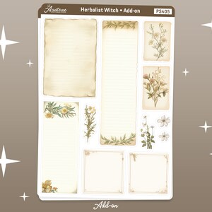K&ouml;nnte beinhalten: Ein Satz bedruckbarer Planer-Aufkleber mit Vintage-&Auml;sthetik, floralen Illustrationen und linierten Papierabschnitten. Die Aufkleber sind mit "Herbalist Witch - Add-on" und "PS405" beschriftet.
