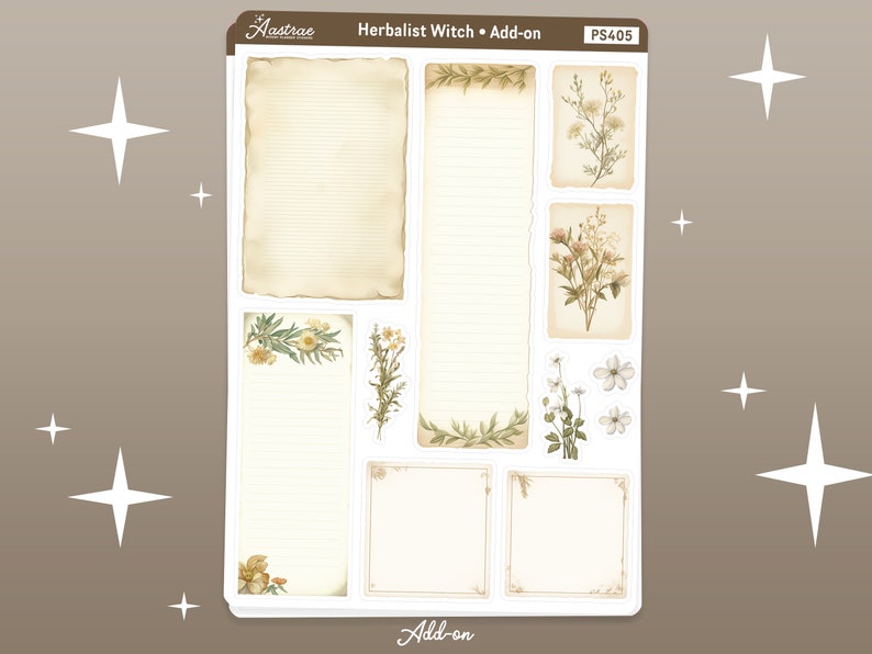 K&ouml;nnte beinhalten: Ein Satz bedruckbarer Planer-Aufkleber mit Vintage-&Auml;sthetik, floralen Illustrationen und linierten Papierabschnitten. Die Aufkleber sind mit "Herbalist Witch - Add-on" und "PS405" beschriftet.