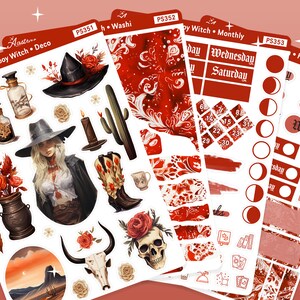 Pode incluir: Um conjunto de adesivos para planejador com tema de bruxa caub&oacute;i em vermelho e branco. Os adesivos incluem uma bruxa com um chap&eacute;u de caub&oacute;i, uma caveira com rosas, um cacto, uma vela e uma lua. Os adesivos s&atilde;o perfeitos para adicionar um toque de fantasia ao seu planejador.