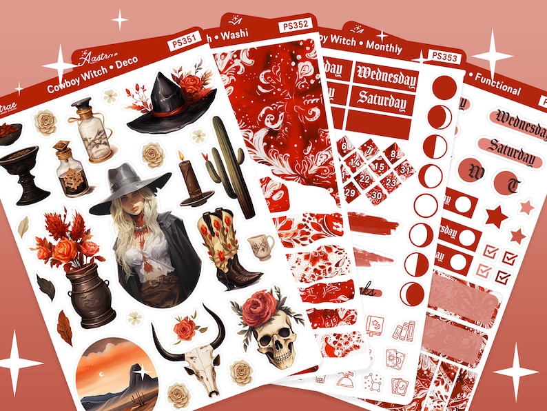 Pode incluir: Um conjunto de adesivos para planejador com tema de bruxa caub&oacute;i em vermelho e branco. Os adesivos incluem uma bruxa com um chap&eacute;u de caub&oacute;i, uma caveira com rosas, um cacto, uma vela e uma lua. Os adesivos s&atilde;o perfeitos para adicionar um toque de fantasia ao seu planejador.