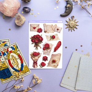 May include: A sheet of stickers featuring Victorian-era love letters, roses, and envelopes. The stickers are on a white background with a purple border and the text "Victorian Love Letters" printed at the top.