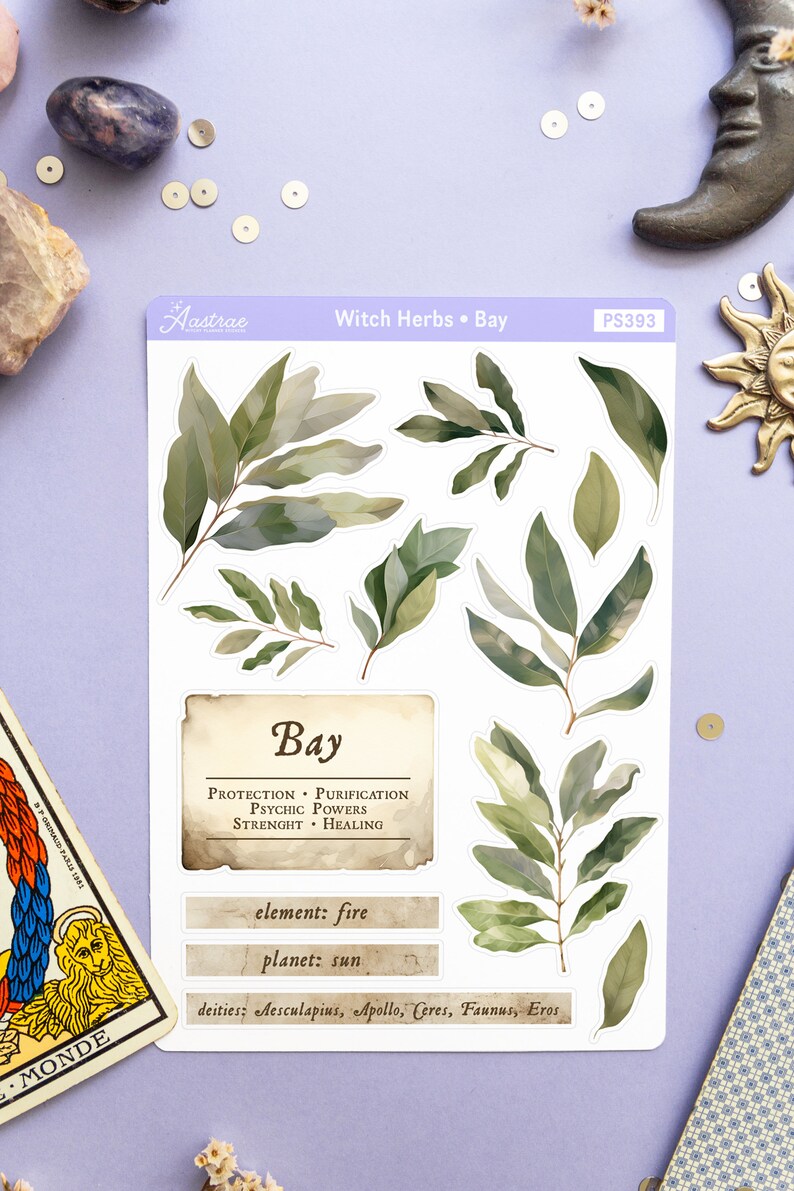 May include: A set of printable stickers featuring illustrations of bay leaves and text about the herb's properties. The text includes: "Bay", "Protection - Purification - Psychic Powers - Strength - Healing", "element: fire", "planet: sun", and "deities: Aesculapius, Apollo, Ceres, Faunus, Eros".