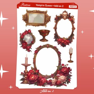 May include: A set of printable stickers featuring a vampire queen theme. The stickers include ornate gold frames, a chalice, candles, and roses. The text "Vampire Queen - Add-on 2" and "PS512" are visible on the sheet.
