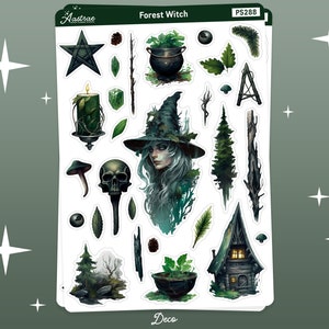 May include: A sheet of stickers featuring a forest witch theme. The stickers include a witch with a pointed hat, a cauldron, a skull, a pentagram, a candle, a mushroom, a tree, a cabin, and other forest-themed elements. The stickers are printed on white paper with a green background.