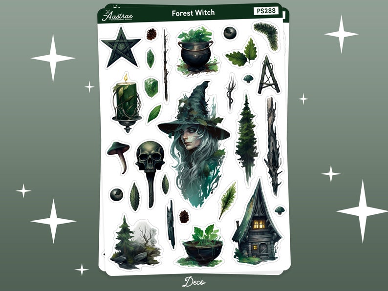 May include: A sheet of stickers featuring a forest witch theme. The stickers include a witch with a pointed hat, a cauldron, a skull, a pentagram, a candle, a mushroom, a tree, a cabin, and other forest-themed elements. The stickers are printed on white paper with a green background.