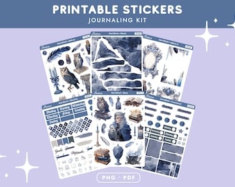 Kit imprimible de agenda de bruja búho, pegatinas para bullet journal de fantasía oscura, pegatinas de búho bruja, kit de journaling Blue Academia PNG PDF Cricut
