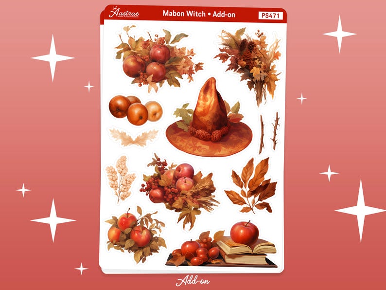 Op de afbeelding: Een set digitaal scrapbookpapier met herfstthema, waaronder een heksenhoed, appels, bladeren en een boek. Het papier is ontworpen voor gebruik in digitale scrapbooking- en knutselprojecten. De titel van de set is "Mabon Witch Add-on" en het productnummer is "PS471".