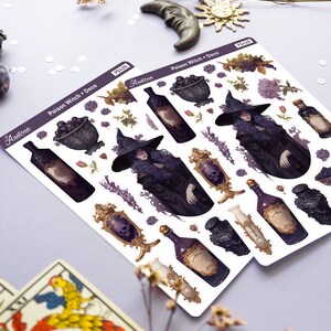 May include: A sheet of stickers featuring a witch, potions, and other witchy elements. The stickers are on a white background and have a purple and gold color scheme. The text on the stickers reads "Poison Witch + Deco" and "Astrae".