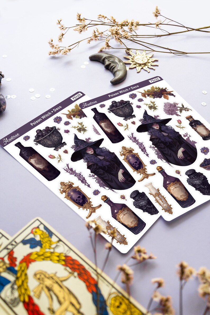 May include: A sheet of stickers featuring a witch, potions, and other witchy elements. The stickers are on a white background and have a purple and gold color scheme. The text on the stickers reads "Poison Witch + Deco" and "Astrae".