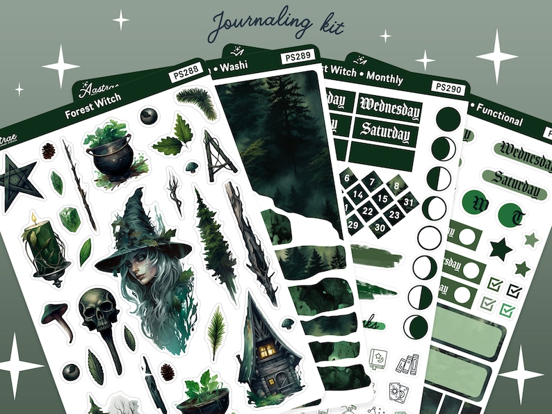 May include: A set of forest witch themed planner stickers. The stickers include a witch, a cauldron, a house, a moon, and other forest elements. The stickers are on a white background with green accents.