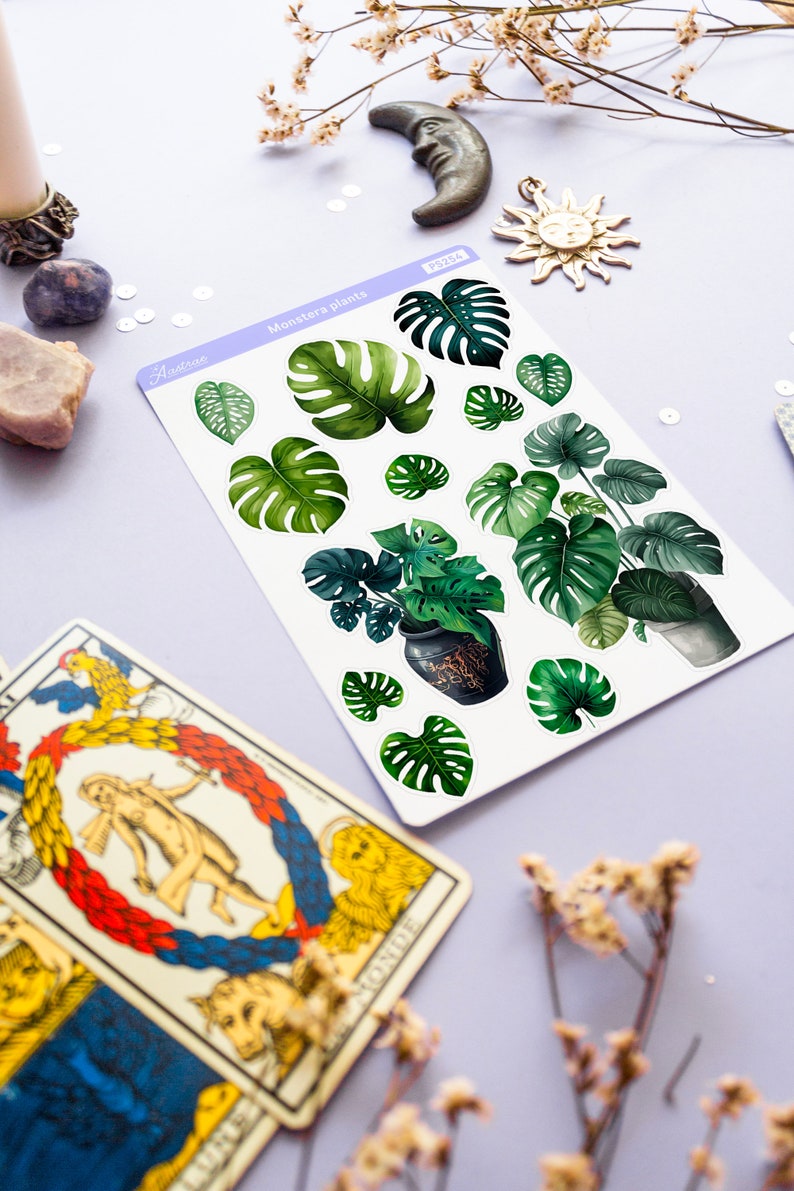 Puede incluir: Una hoja de pegatinas con ilustraciones de plantas de Monstera verdes, que incluyen hojas individuales y plantas en macetas. La hoja est&aacute; etiquetada como "Monstera plants" e incluye la marca "Aestron". Otros elementos en la imagen incluyen una carta del tarot, una luna creciente y un sol.
