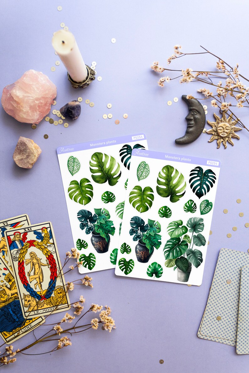 Puede incluir: Dos hojas de pegatinas con dise&ntilde;os de plantas Monstera, con hojas verdes y plantas en macetas. Las hojas est&aacute;n etiquetadas como "Monstera plants" y "Aastine". La imagen tambi&eacute;n muestra cartas del tarot, cristales y elementos decorativos.