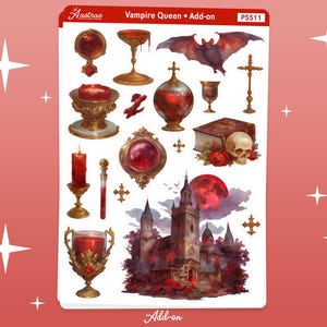 May include: A set of stickers featuring a vampire queen theme. The stickers include a castle, a bat, a chalice, a skull, a book, a cross, a candle, and a potion bottle. The stickers are all in red and gold tones.