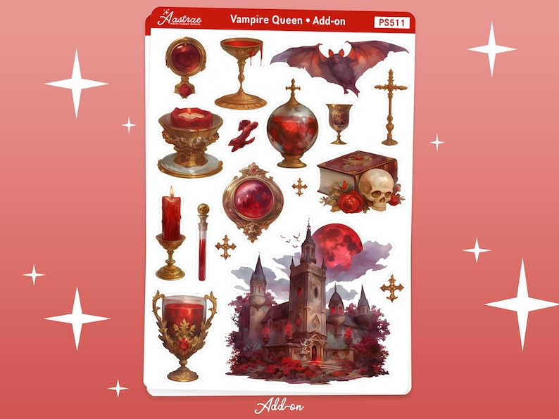 May include: A set of stickers featuring a vampire queen theme. The stickers include a castle, a bat, a chalice, a skull, a book, a cross, a candle, and a potion bottle. The stickers are all in red and gold tones.