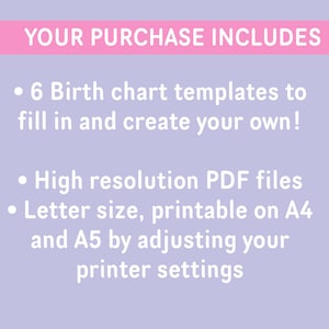 May include: A purple background with white text that reads "YOUR PURCHASE INCLUDES" in a pink banner at the top. The text below lists the features of the purchase: 6 birth chart templates, high resolution PDF files, letter size, printable on A4 and A5 by adjusting your printer settings.