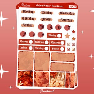 Op de afbeelding: Een set planner stickers met een herfstthema. De stickers bevatten verschillende ontwerpen, waaronder dagen van de week, een ster, vinkjes en een decoratief patroon. De stickers zijn in tinten rood, oranje en bruin.
