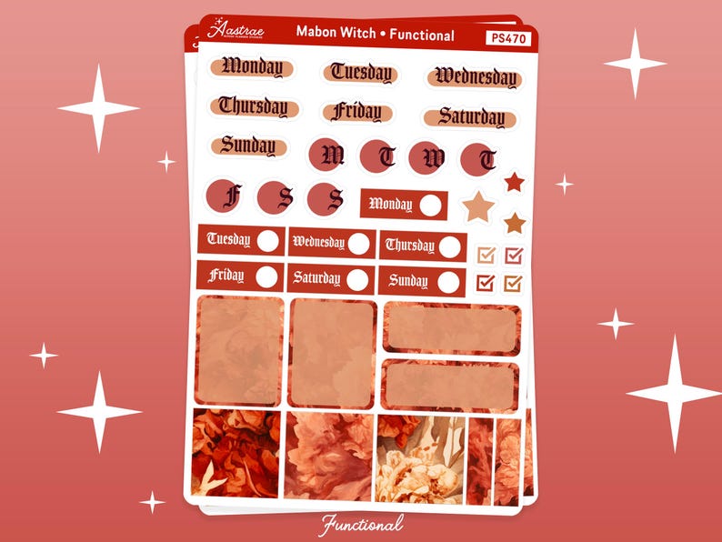 Op de afbeelding: Een set planner stickers met een herfstthema. De stickers bevatten verschillende ontwerpen, waaronder dagen van de week, een ster, vinkjes en een decoratief patroon. De stickers zijn in tinten rood, oranje en bruin.