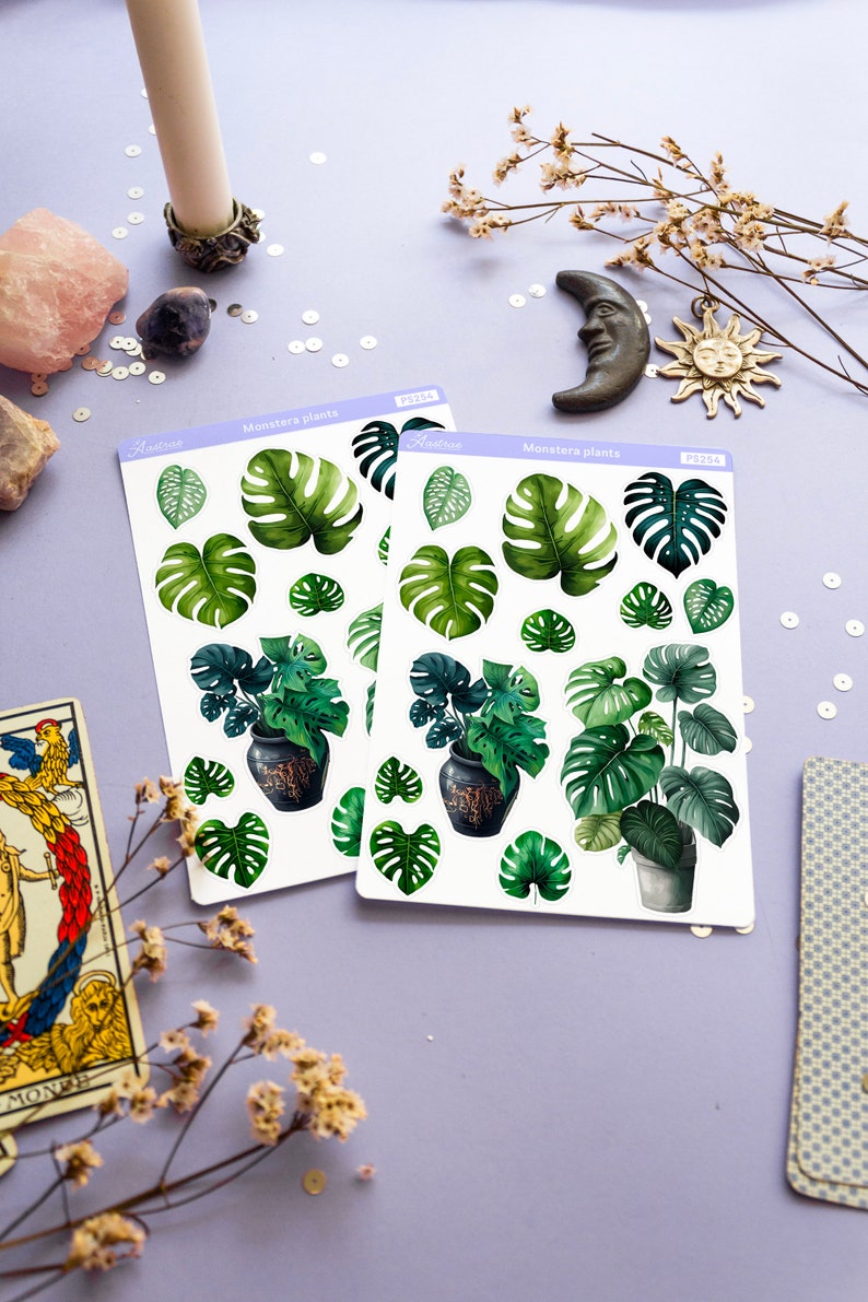 Puede incluir: Dos hojas de pegatinas con ilustraciones de acuarela de plantas de Monstera. Las pegatinas presentan hojas verdes y plantas en macetas. Las hojas est&aacute;n etiquetadas como "Monstera plants" y tienen la marca "Aestiae". El fondo es de color lila claro.