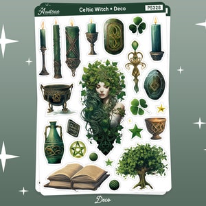 Pode incluir: Uma folha de adesivos com imagens celtas e de bruxaria. Os adesivos s&atilde;o verdes, dourados e pretos e incluem um caldeir&atilde;o, velas, uma &aacute;rvore, uma mulher com cabelo verde e v&aacute;rios s&iacute;mbolos. A folha &eacute; etiquetada como "Celtic Witch Deco" e "PS328".