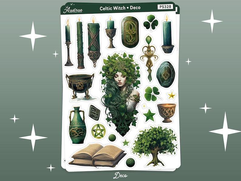 Pode incluir: Uma folha de adesivos com imagens celtas e de bruxaria. Os adesivos s&atilde;o verdes, dourados e pretos e incluem um caldeir&atilde;o, velas, uma &aacute;rvore, uma mulher com cabelo verde e v&aacute;rios s&iacute;mbolos. A folha &eacute; etiquetada como "Celtic Witch Deco" e "PS328".