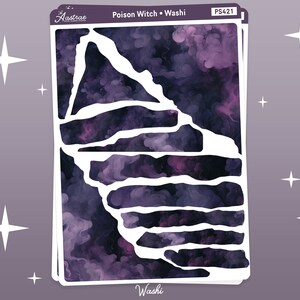 K&ouml;nnte beinhalten: Ein Blatt violettes und schwarzes Washi-Tape mit einem zerrissenen Randdesign. Das Band ist mit "Poison Witch" und "Washi" sowie dem Produktcode "PS421" beschriftet.