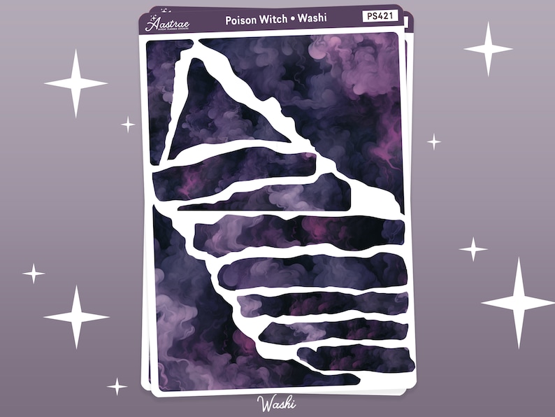 K&ouml;nnte beinhalten: Ein Blatt violettes und schwarzes Washi-Tape mit einem zerrissenen Randdesign. Das Band ist mit "Poison Witch" und "Washi" sowie dem Produktcode "PS421" beschriftet.