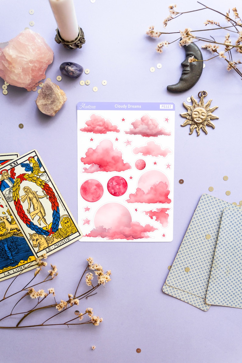 May include: A sheet of pink and white watercolor stickers with clouds, stars, and moons. The stickers are labeled "Cloudy Dreams" and "PS327".