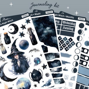 May include: A set of three sticker sheets featuring a dark night witch theme. The sheets include a variety of stickers, such as a witch, moons, stars, bottles, and a cauldron. These stickers are ideal for adding a touch of magic to your planner, journal, or scrapbook.