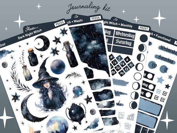 Witchy Journal Stickers Kit, Dark Witchcraft Stickers, Monthly Sticker Kit, Halloween Planner Sticker Kit, Goth Planner Stickers, Bujo Art