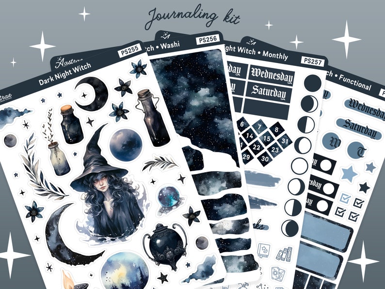 May include: A set of three sticker sheets featuring a dark night witch theme. The sheets include a variety of stickers, such as a witch, moons, stars, bottles, and a cauldron. These stickers are ideal for adding a touch of magic to your planner, journal, or scrapbook.