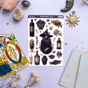 May include: A sheet of stickers featuring a witch with a black hat and purple hair, a cauldron, bottles, and other witchy elements. The sticker sheet is labeled "Poison Witch - Deco" and "PS420".