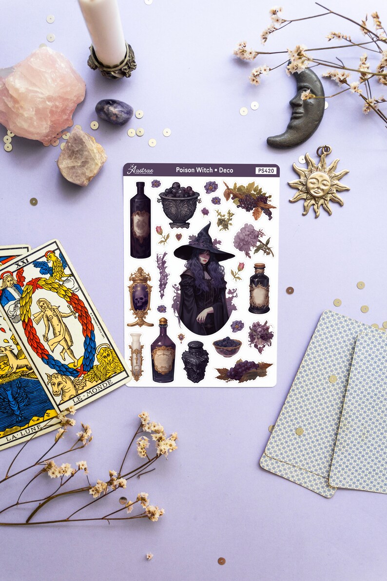 May include: A sheet of stickers featuring a witch with a black hat and purple hair, a cauldron, bottles, and other witchy elements. The sticker sheet is labeled "Poison Witch - Deco" and "PS420".