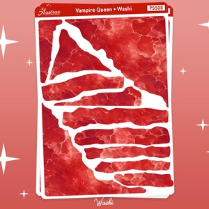 May include: Red and white washi tape with a marbled pattern. The tape is cut into different shapes and sizes. The text "Vampire Queen" and "Washi" is printed on the tape. The product number "PS508" is also printed on the tape.
