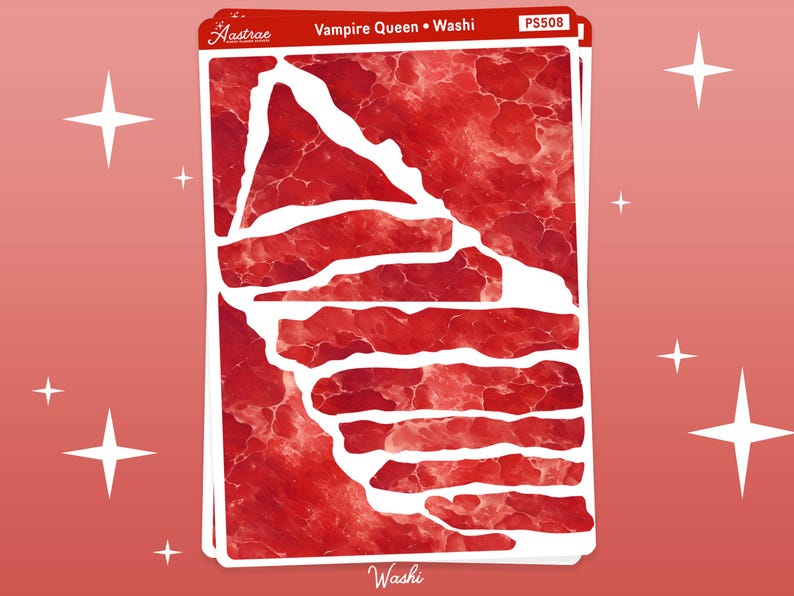 May include: Red and white washi tape with a marbled pattern. The tape is cut into different shapes and sizes. The text "Vampire Queen" and "Washi" is printed on the tape. The product number "PS508" is also printed on the tape.