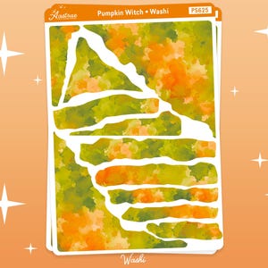 K&ouml;nnte beinhalten: Ein Bogen Washi-Tape-Aufkleber mit einem Aquarelldesign. Die Aufkleber weisen eine Mischung aus gr&uuml;nen, orangefarbenen und wei&szlig;en Farben auf. Der Text "Pumpkin Witch" und "Washi" ist sichtbar.